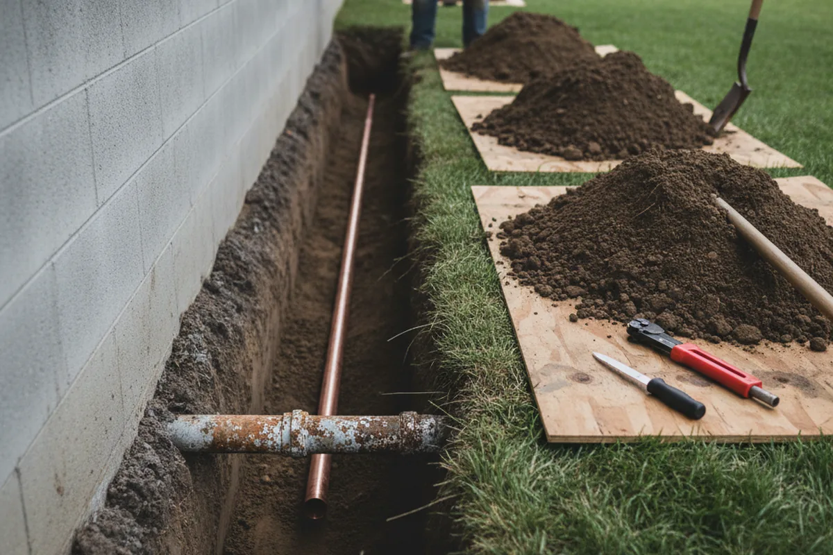 Excavated water line trench during Water Softener Installation in Hampton Falls